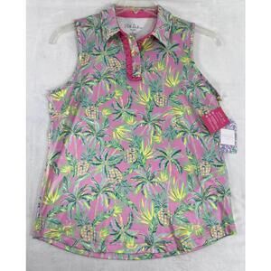 Stella Parker Golf Top Small Womens Polo Sleeveless Pink Tropical Print NWT